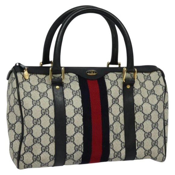 GUCCI GG Supreme Sherry Line Boston Bag PVC Navy Gold Auth mr1288 - Picture 1 of 16